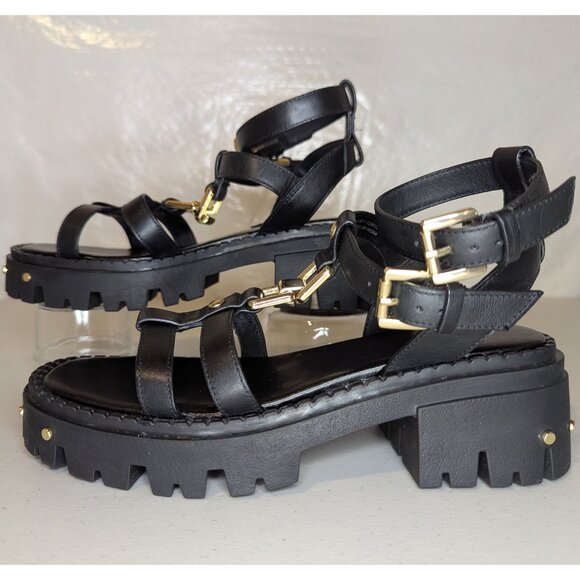 ASOS Design Forrest Leather Chunky Strappy Sandals Black and Gold | 7 - Picture 2 of 9